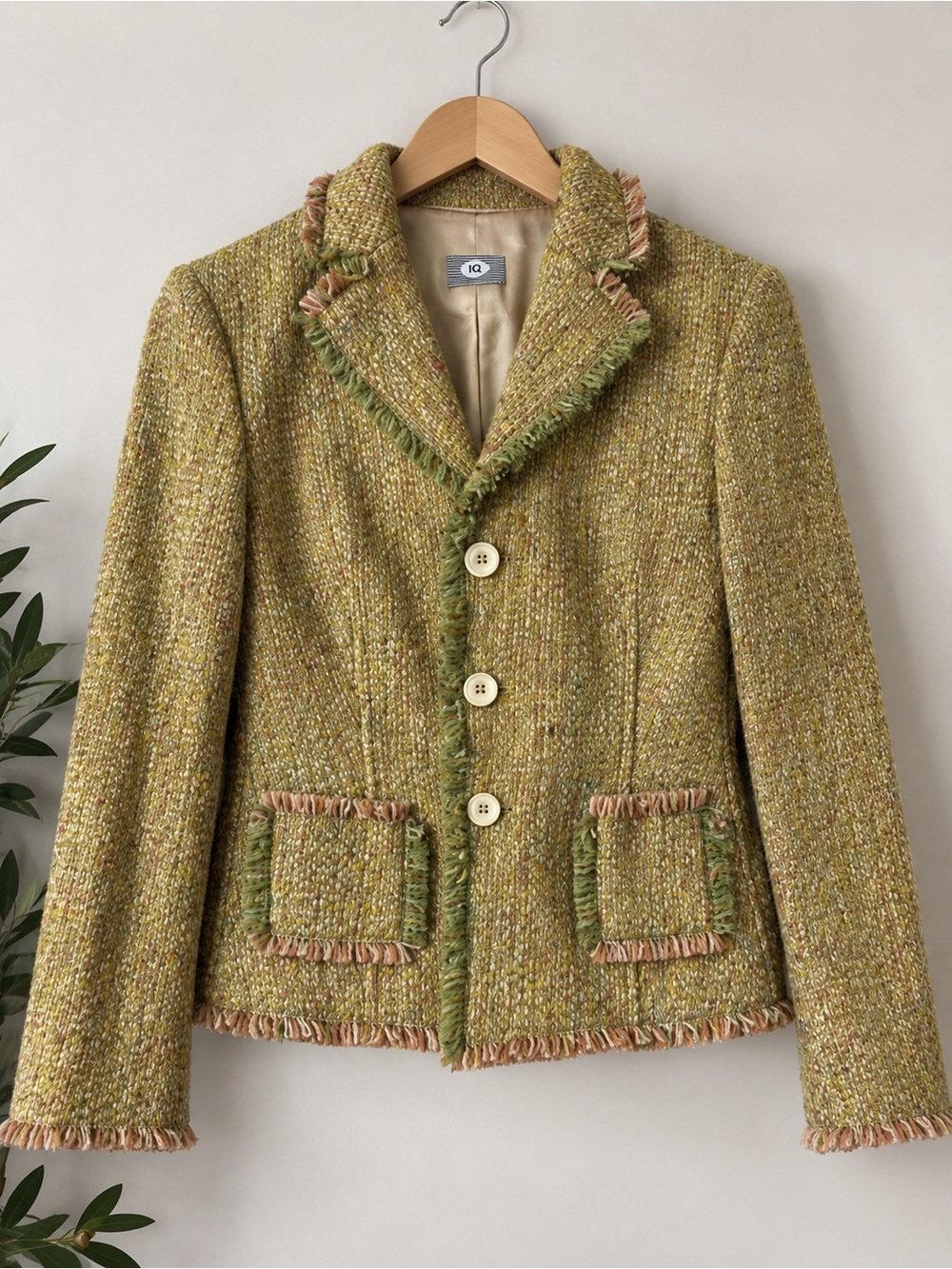 IQ Rare 93% Wool Multicolor Tweed Fringe Blazer | Green Pink | US 8/ medium